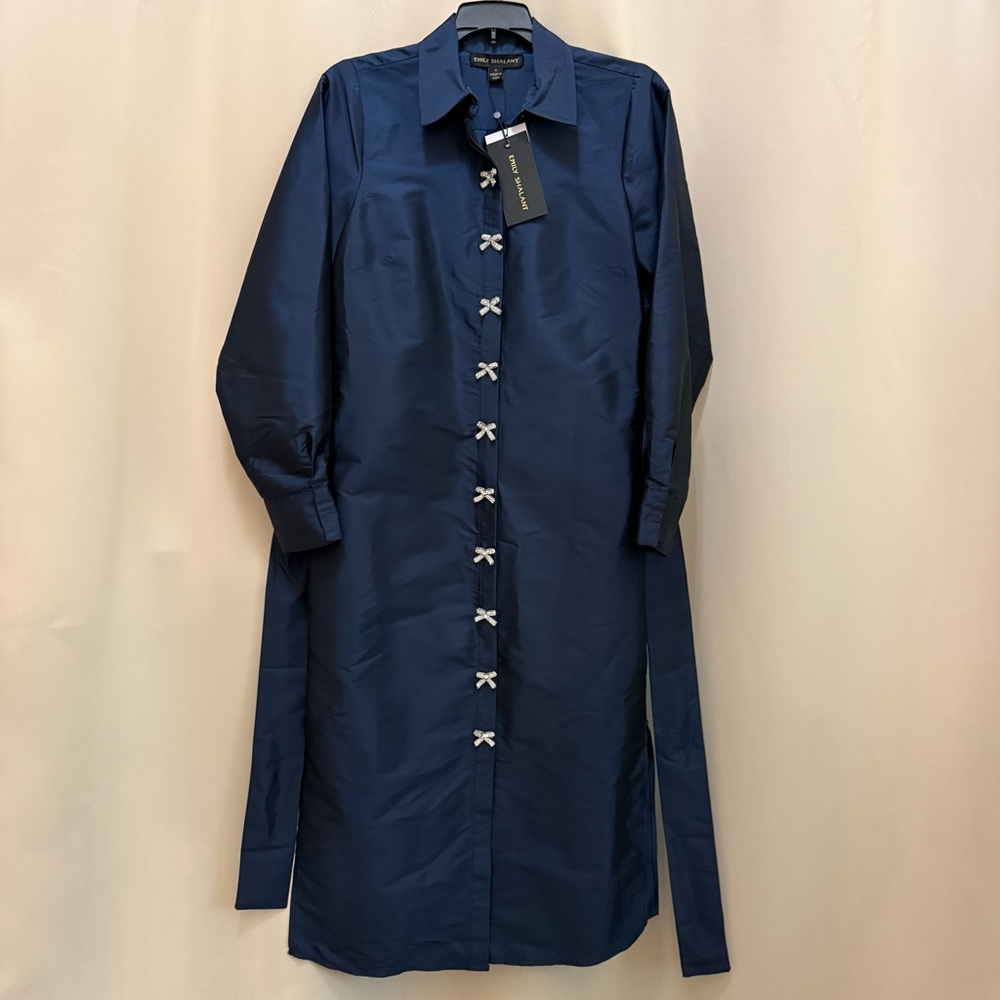Emily Shalant Navy Taffeta Shirt Dress Crystal Bow Buttons Belted Midi Sz 0 - Picture 3 of 13
